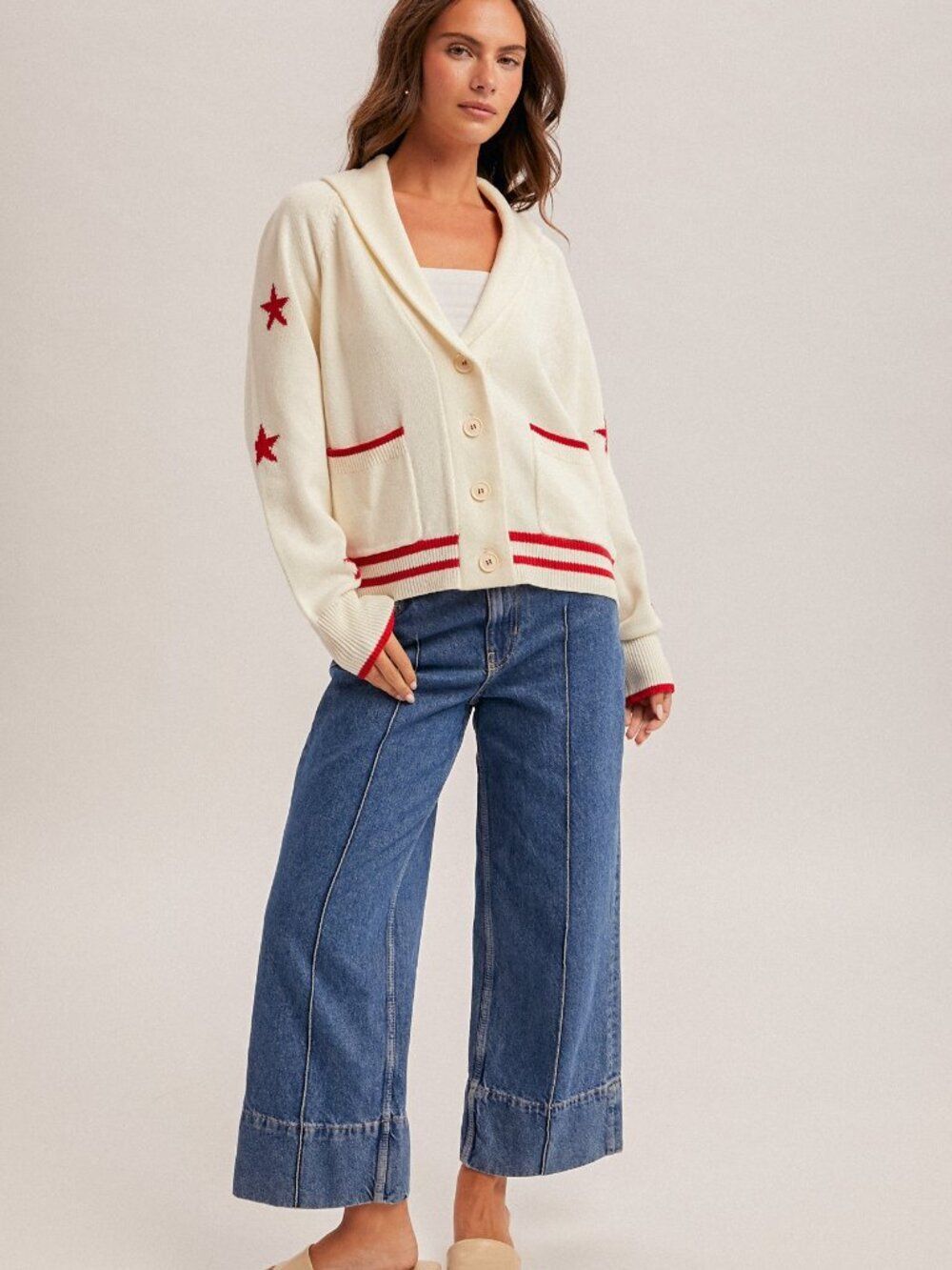 Americana Bow Cream knit Shawl cardigan star red accents Cozy Coastal Preppy L - Picture 3 of 4